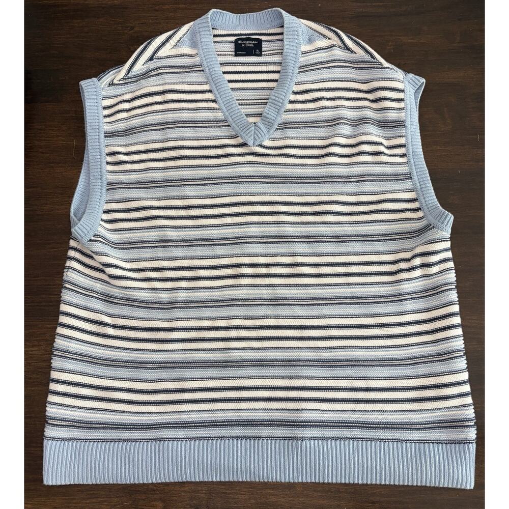 Abercrombie & Fitch Men's V-Neck Sweater Vest Size XL Oversized Blue Stripe
